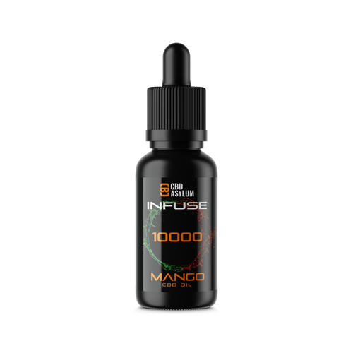 CBD Asylum Infuse Mango CBD Oil bottle on a white background