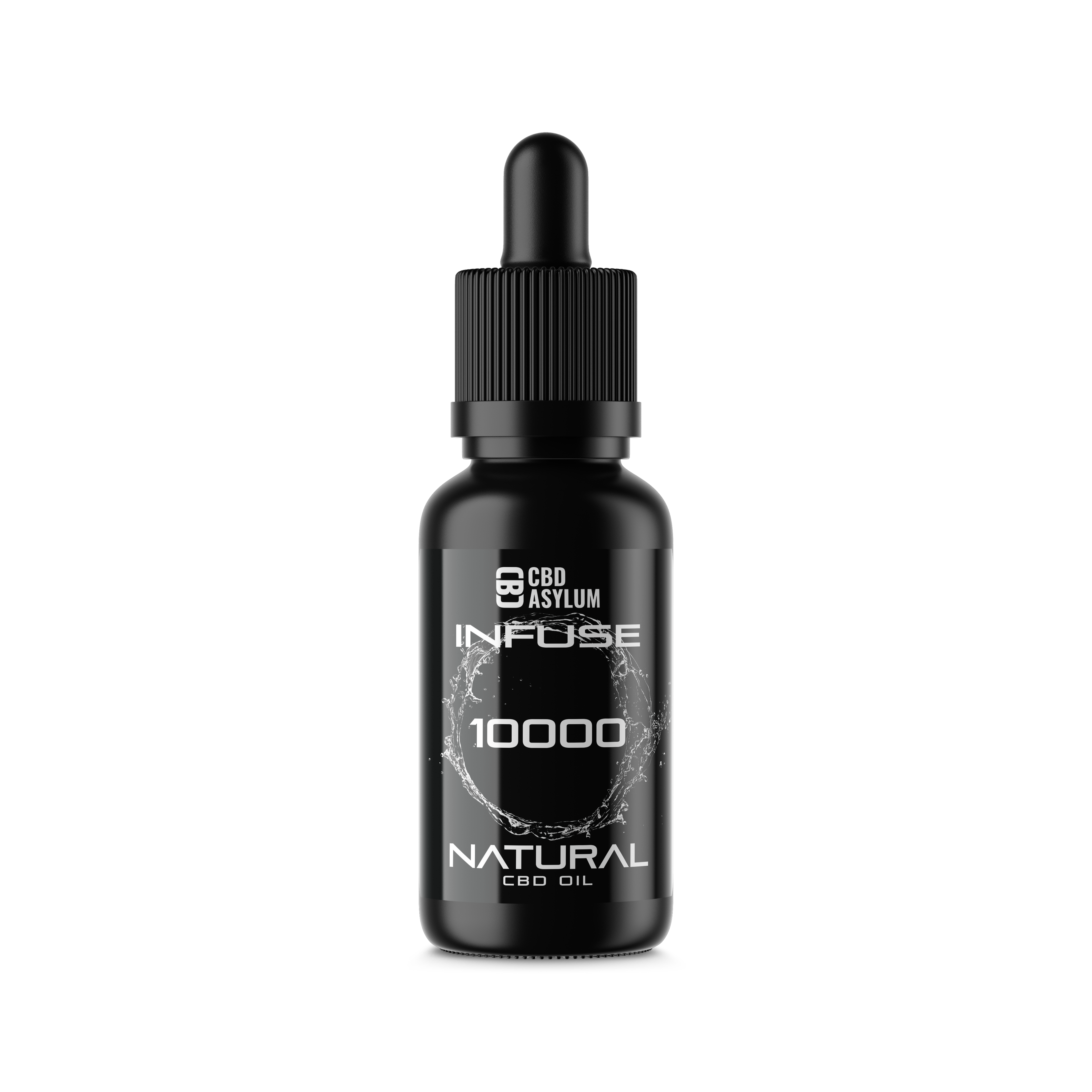 A black dropper bottle of CBD oil with a black cap, featuring white text that reads 'CBD ASYLUM INFUSE 10000 NATURAL CBD OIL' on a clean white background.