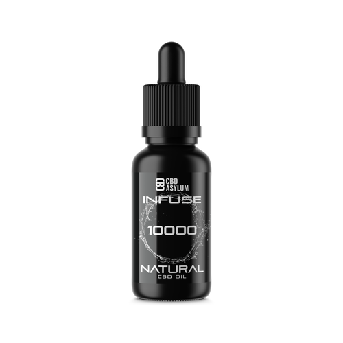 A black dropper bottle of CBD oil with a black cap, featuring white text that reads 'CBD ASYLUM INFUSE 10000 NATURAL CBD OIL' on a clean white background.