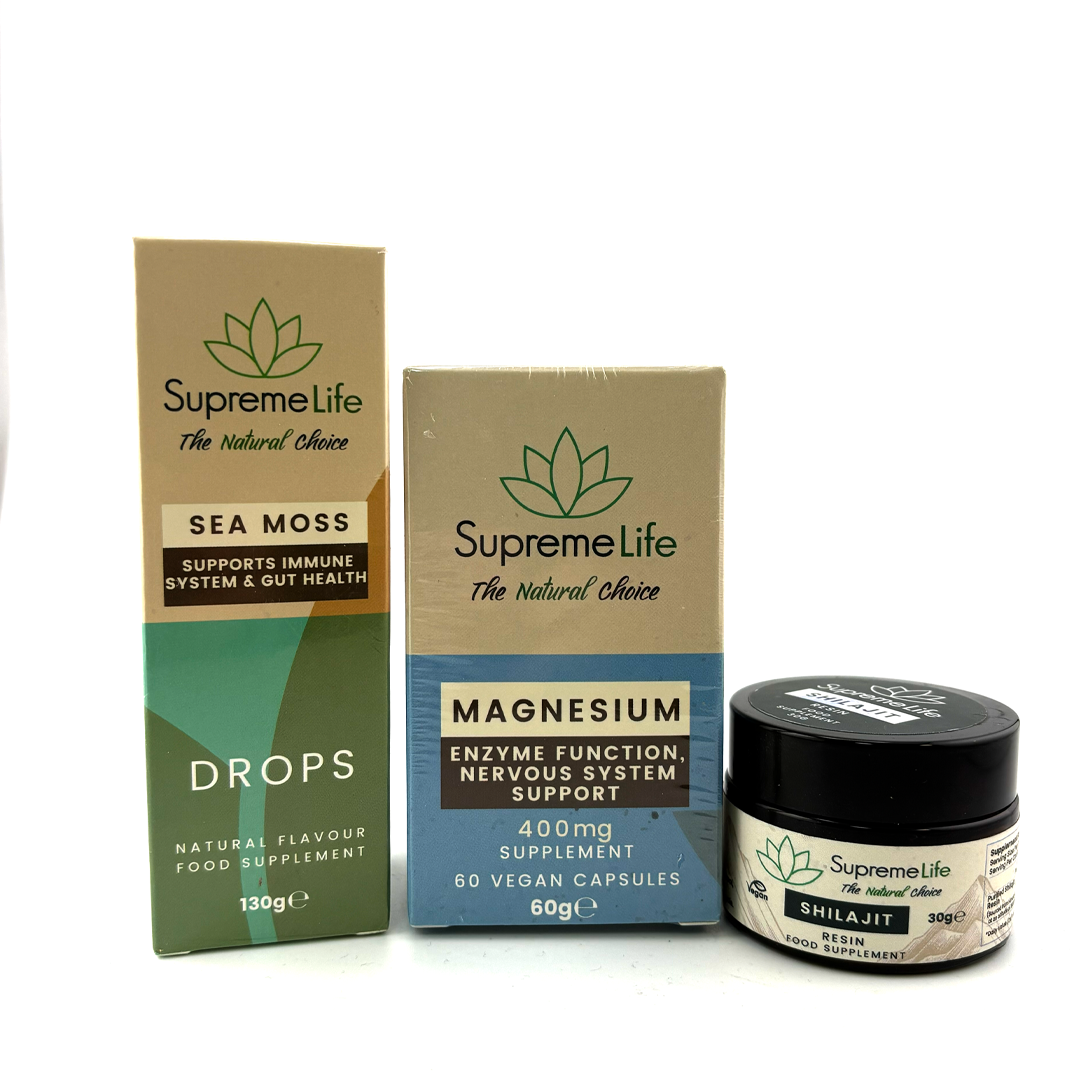 SupremeLife health products including Sea Moss Drops, Magnesium Supplement, and Shilajit on a white background