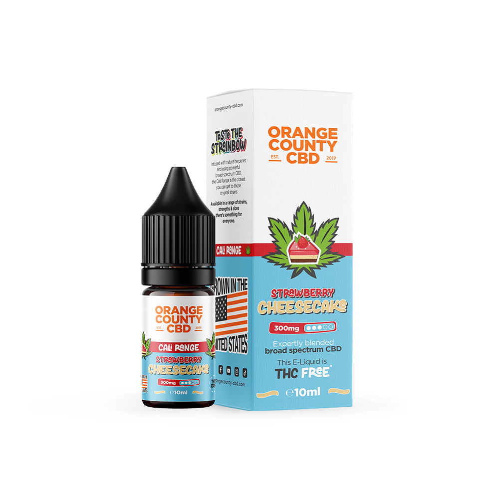 Orange County CBD Strawberry Cheesecake vape juice bottle and packaging on a white background