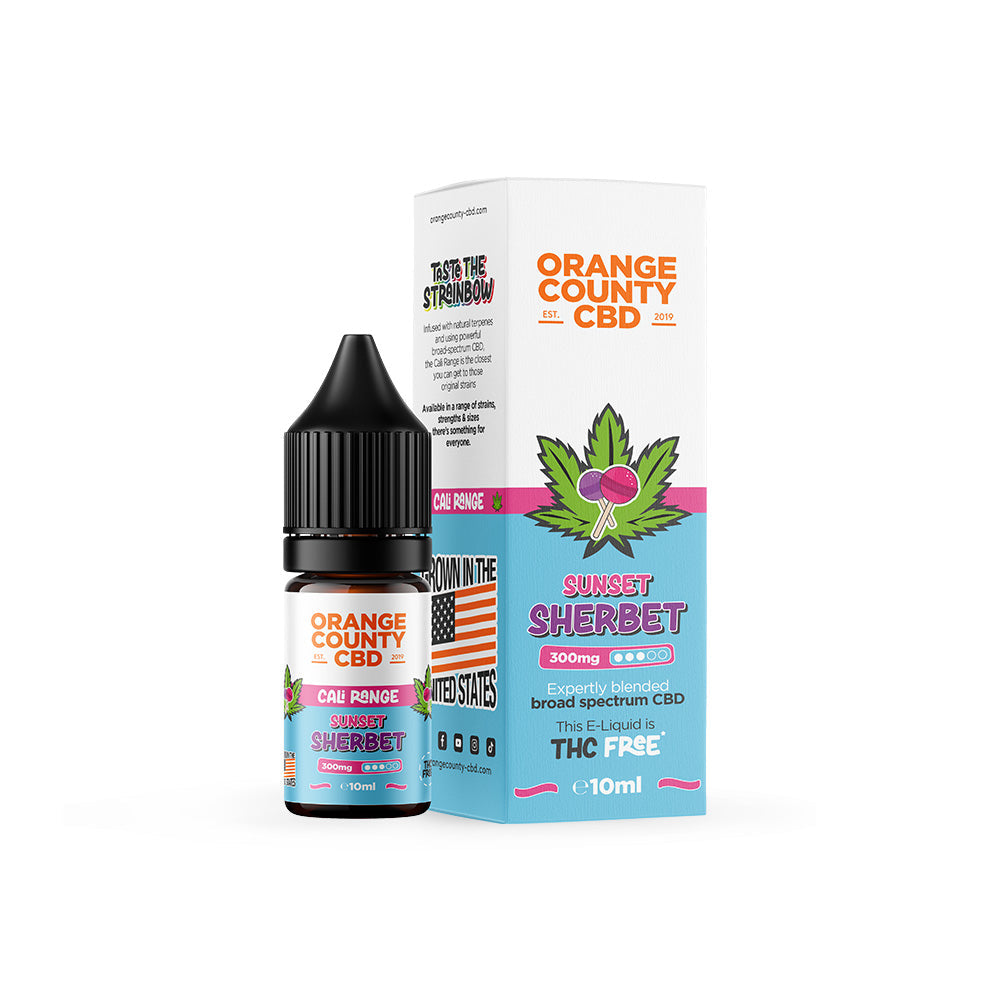 Orange County CBD Sunbet Sherbet vape juice bottle and packaging on a white background