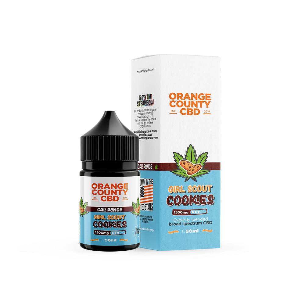 Orange County CBD vape juice bottle and packaging on a white background