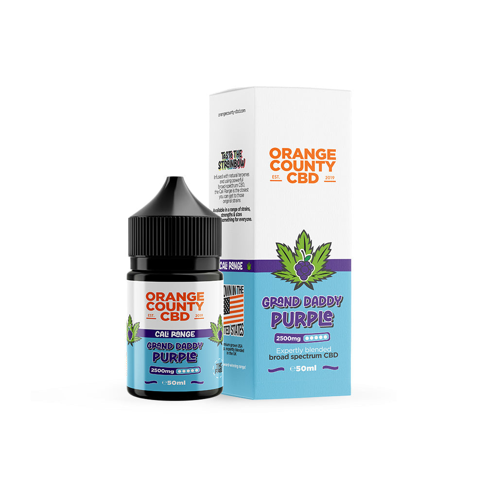 Orange County CBD vape juice bottle and packaging on a white background