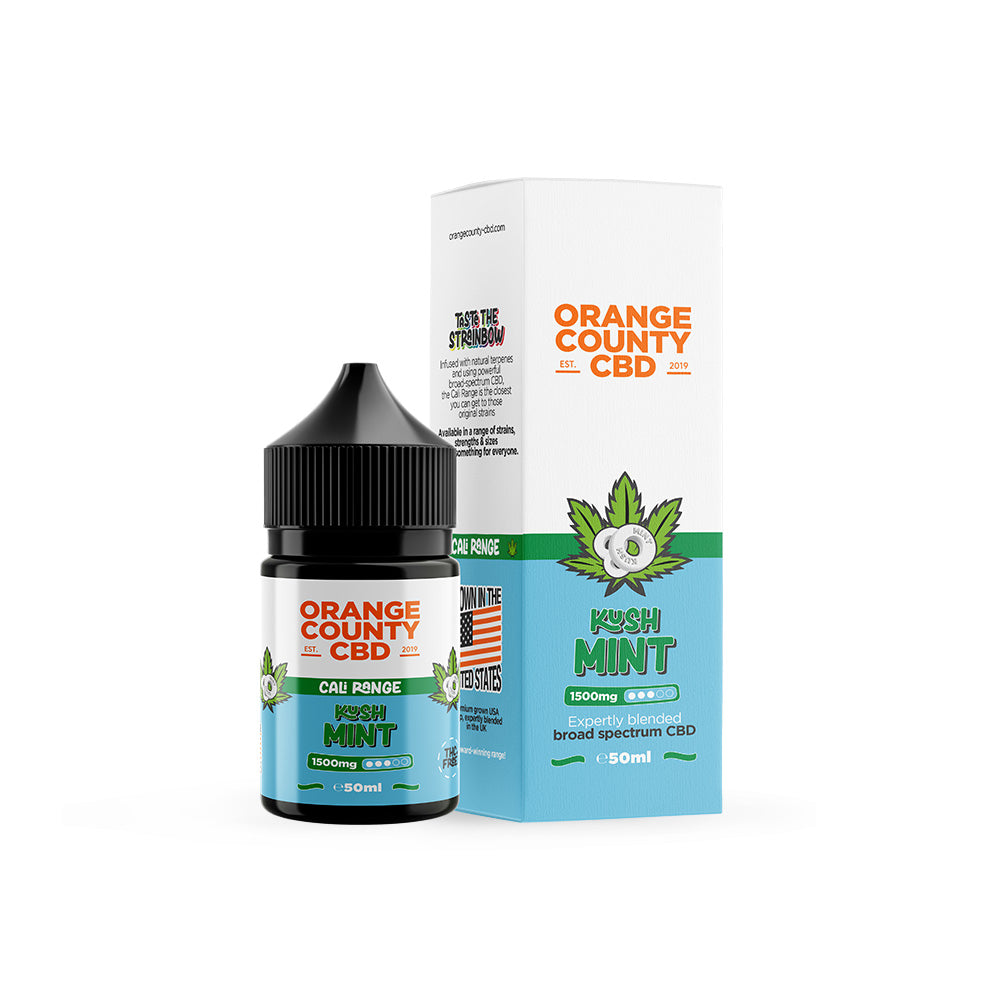 Orange County CBD Kush Mint vape juice bottle and packaging on a white background