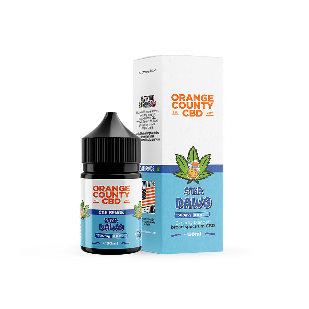 Orange County CBD bottle and packaging on a white background