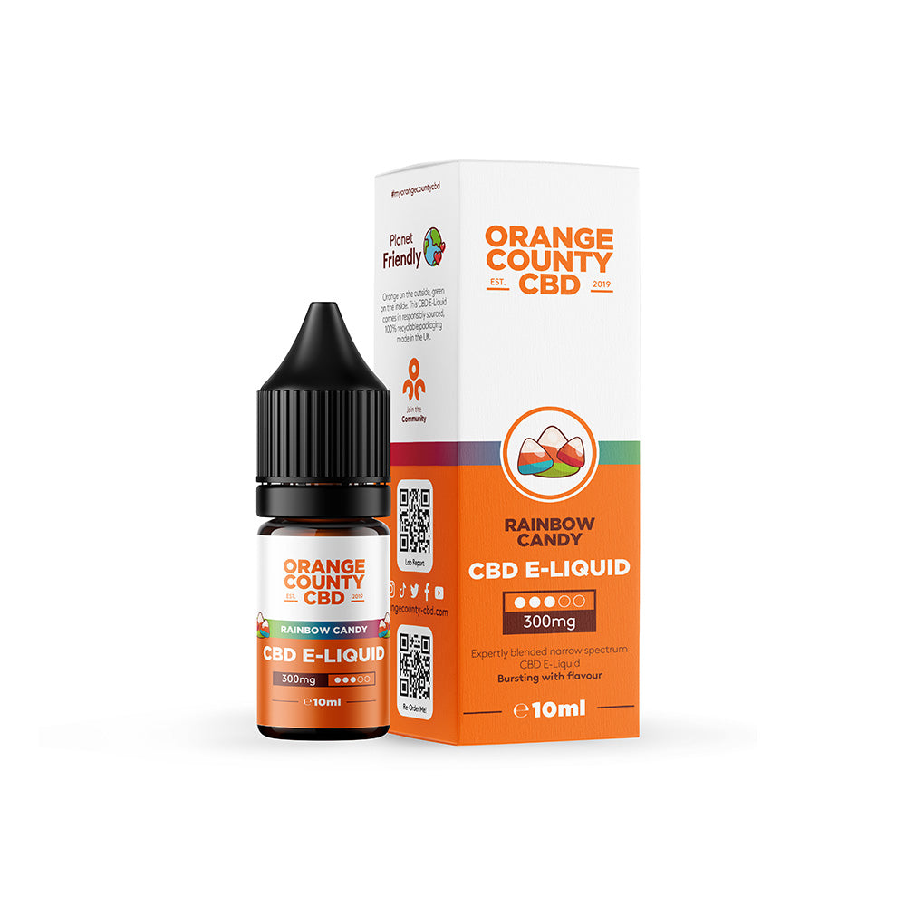 Orange County CBD Rainbow Candy CBD E-Liquid bottle and packaging on a white background