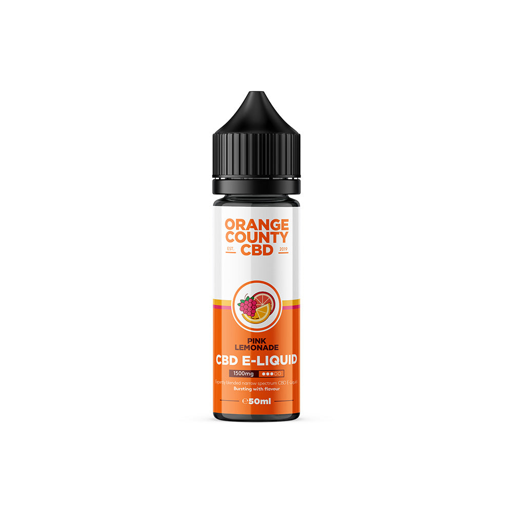 Orange County CBD Pink Lemonade CBD E-Liquid bottle on a white background