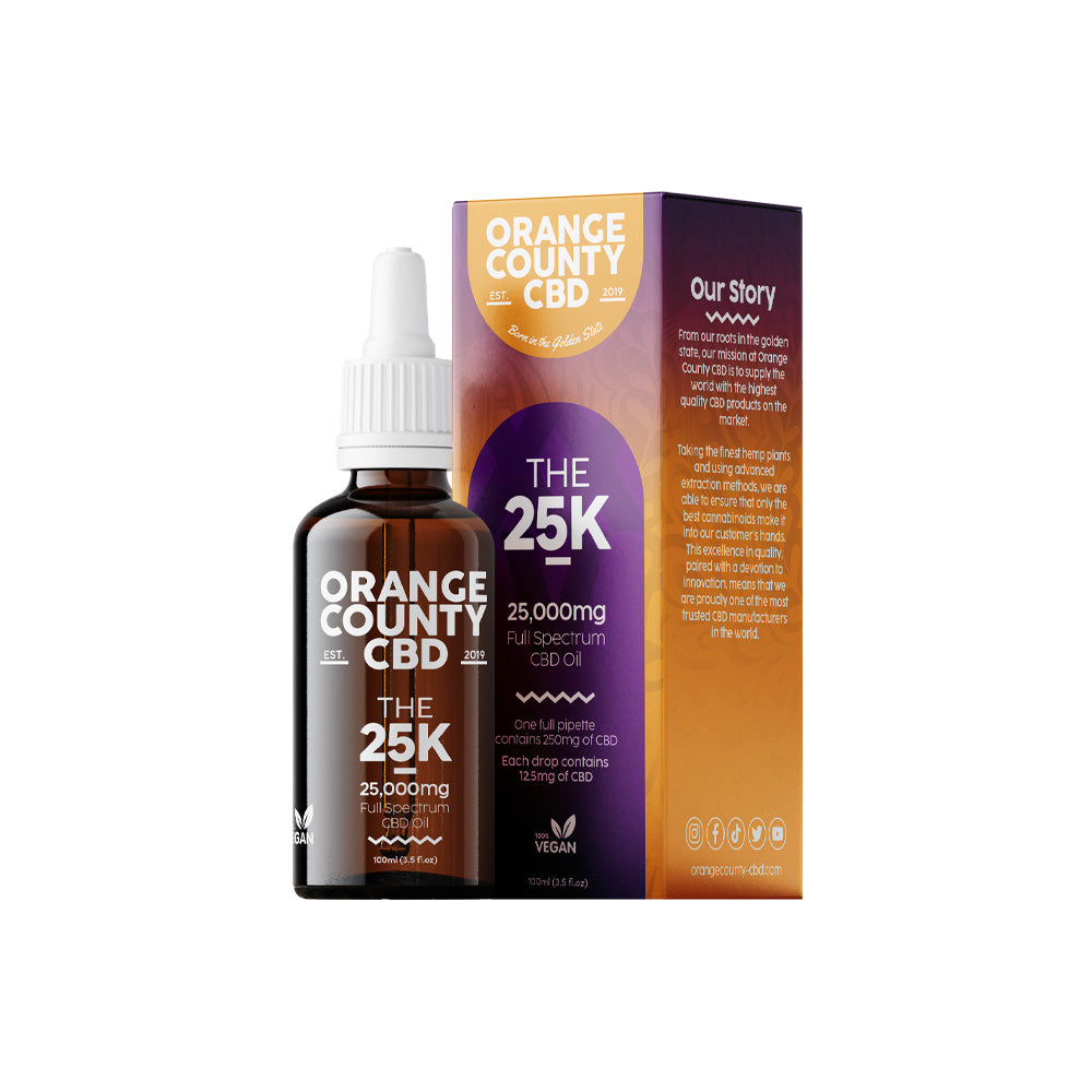 Orange County CBD bottle and packaging on a white background