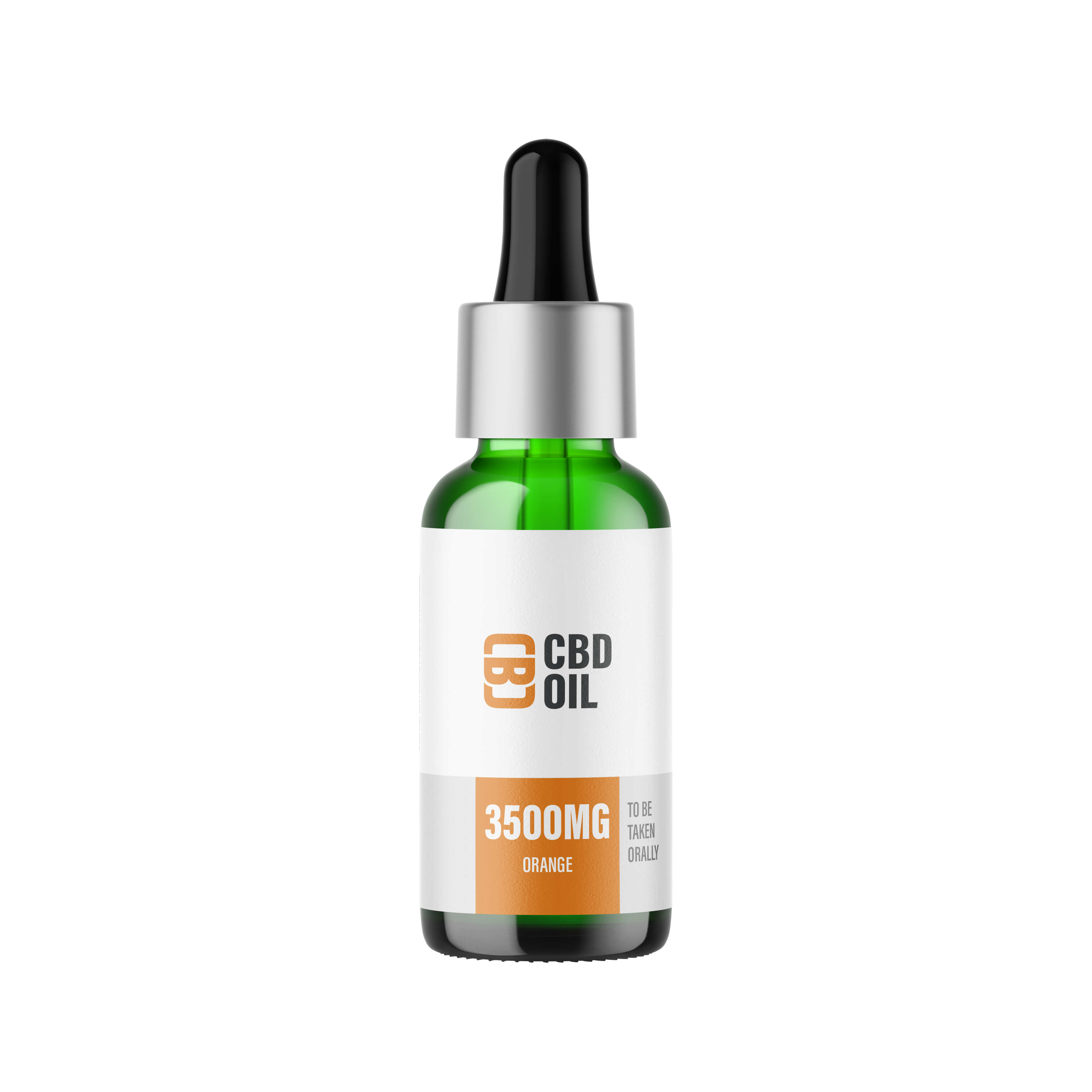 CBD oil dropper bottle with label on a white background