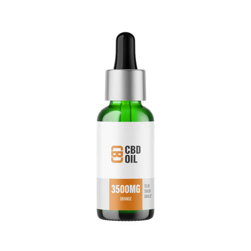 CBD oil dropper bottle with label on a white background