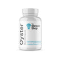Bottle of Oyster mushroom capsules from The Shroom Shop on a white background