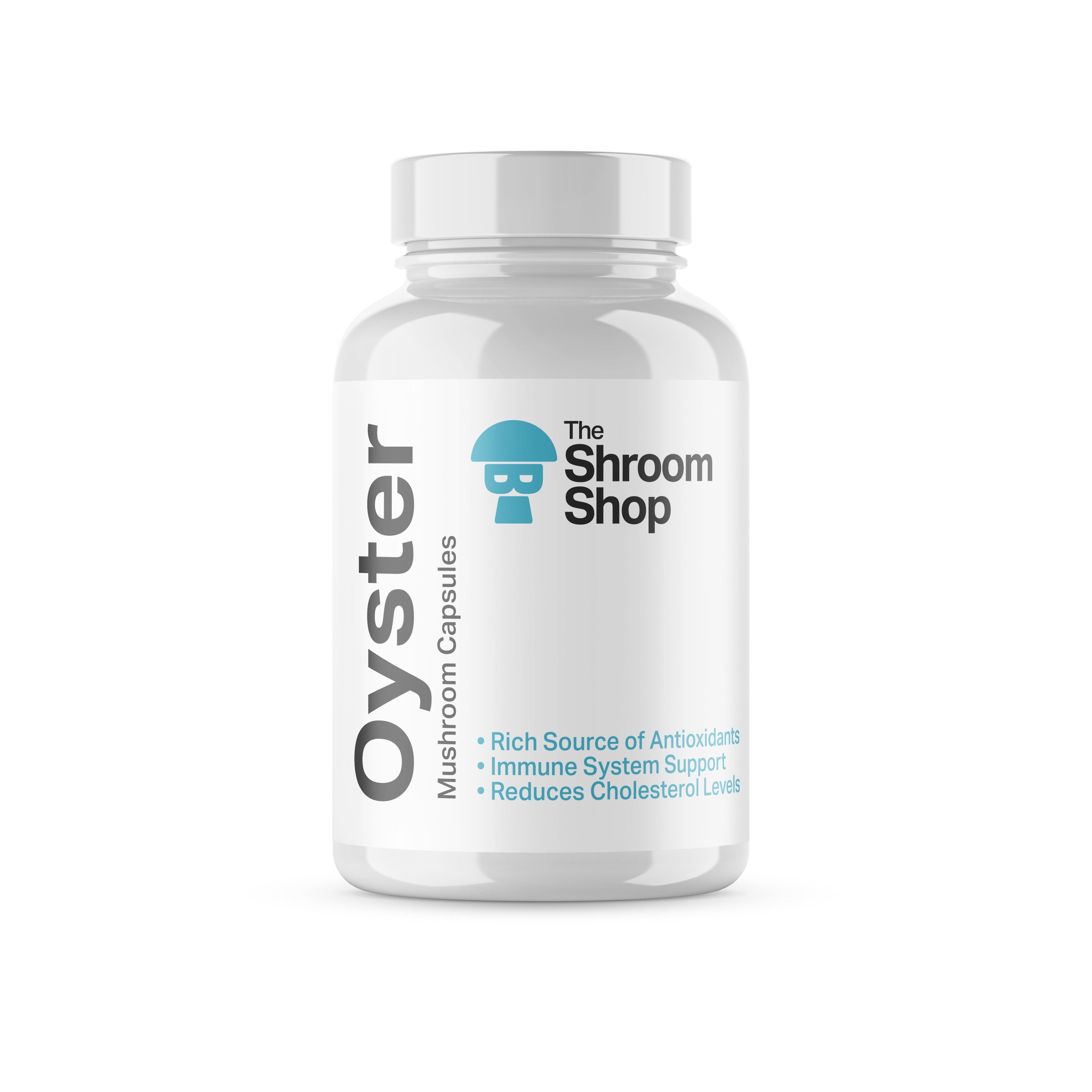 Bottle of Oyster mushroom capsules from The Shroom Shop on a white background