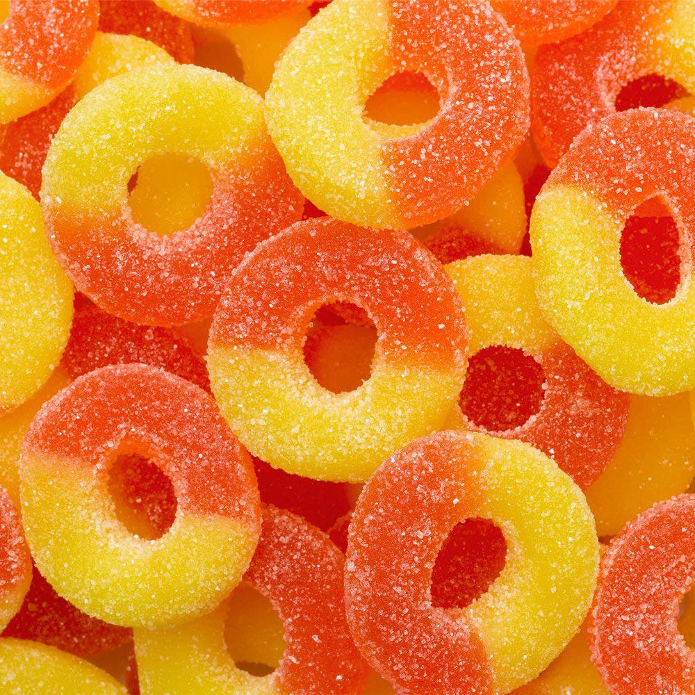Close-up of colorful gummy rings with a focus on texture and color.