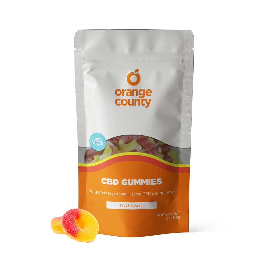 Orange County CBD Gummies packaging with a gummy on a white background
