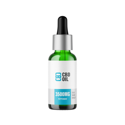 CBD oil dropper bottle with label on a white background