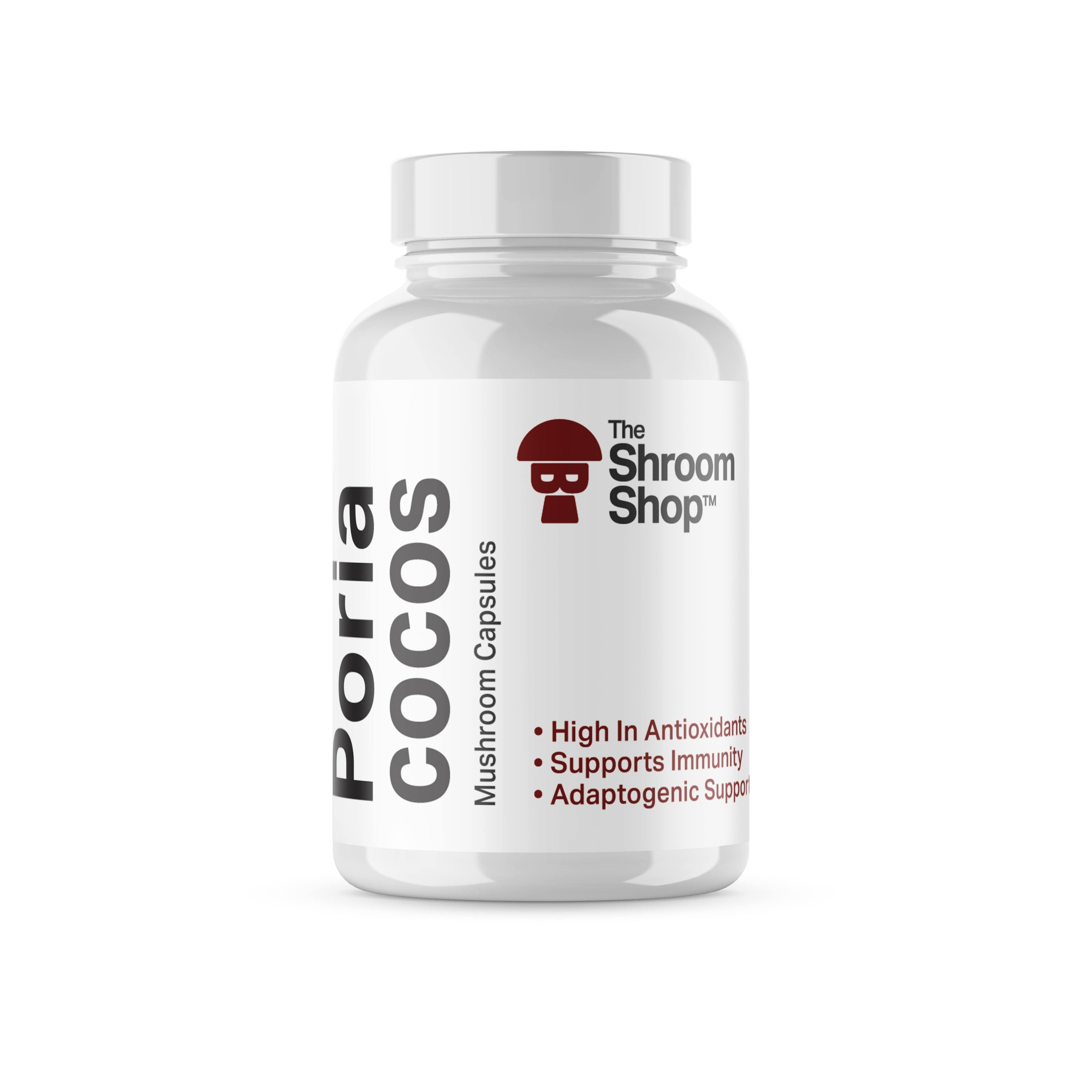 Bottle of Poria Cocos capsules from The Shroom Shop on a white background