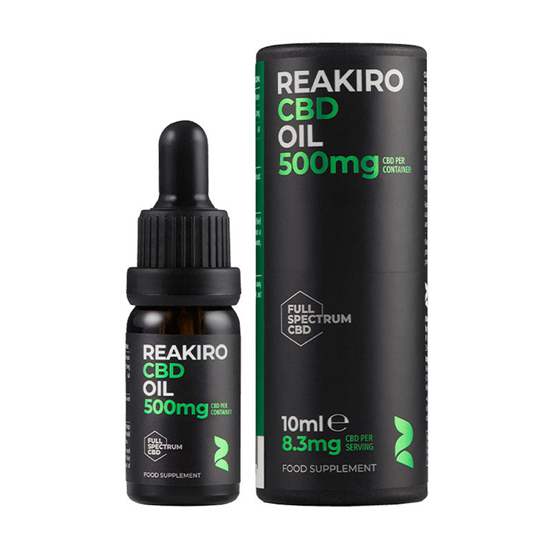 REAKIRO CBD Oil 500mg bottle and packaging on a white background