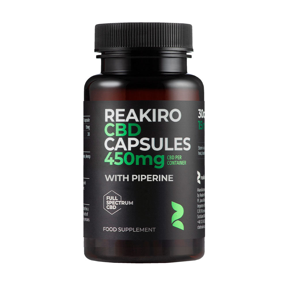 Bottle of Reakiro CBD capsules 450mg with Piperine on a white background