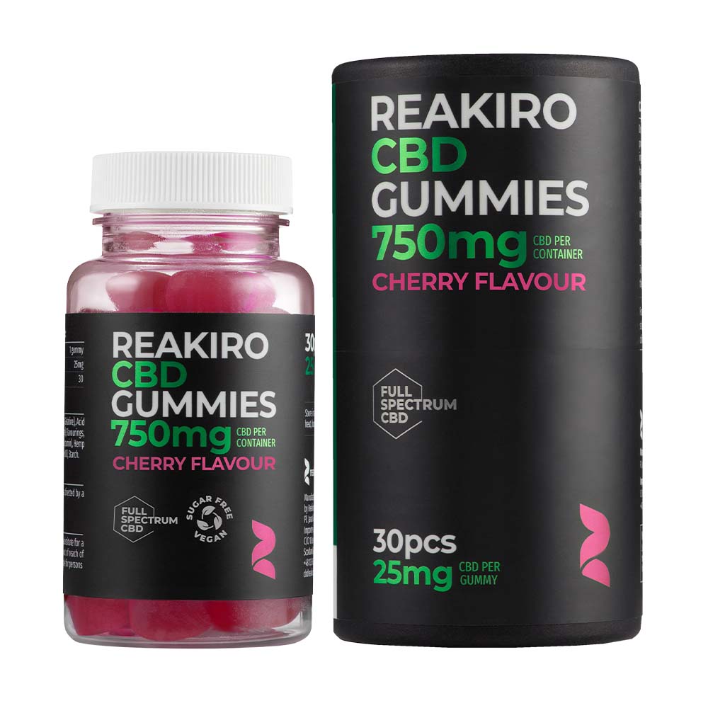 REAKIRO CBD Gummies 750mg Cherry Flavour packaging on a white background