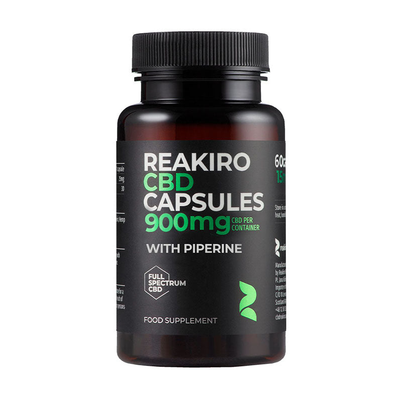 Bottle of Reakiro CBD capsules 900mg with Piperine on a white background