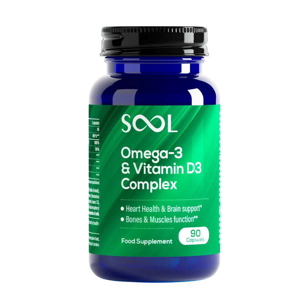 Supplement bottle labeled 'SOUL Omega-3 & Vitamin D3 Complex' on a white background