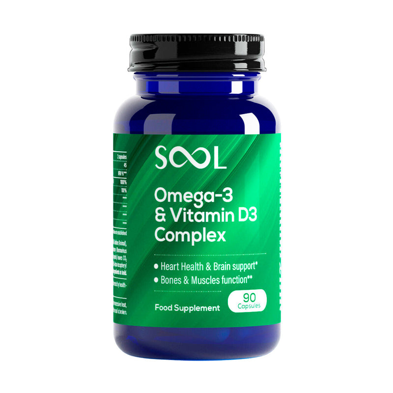 Supplement bottle labeled 'SOUL Omega-3 & Vitamin D3 Complex' on a white background