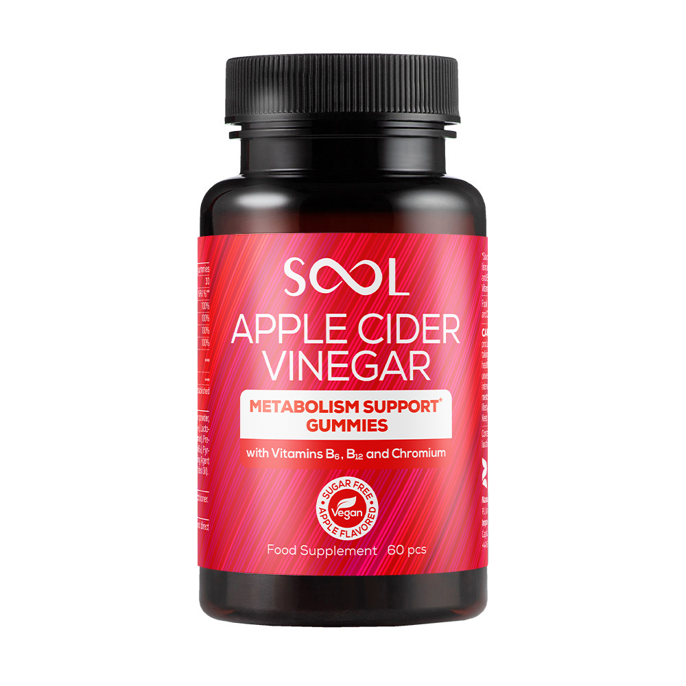 Bottle of SOOL Apple Cider Vinegar Metabolism Support Gummies on a white background