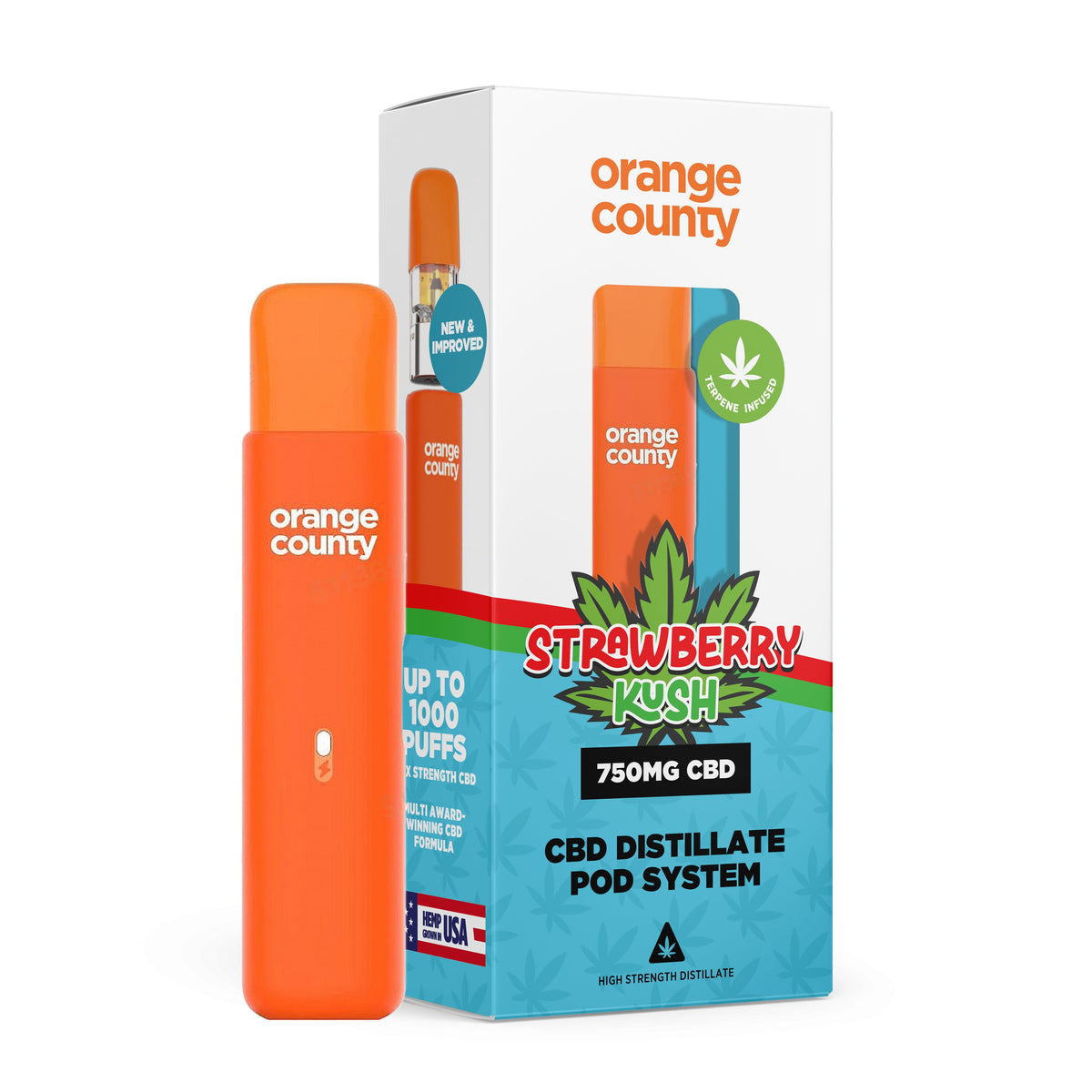 Orange County Strawberry Kush CBD vape pod and packaging on a white background