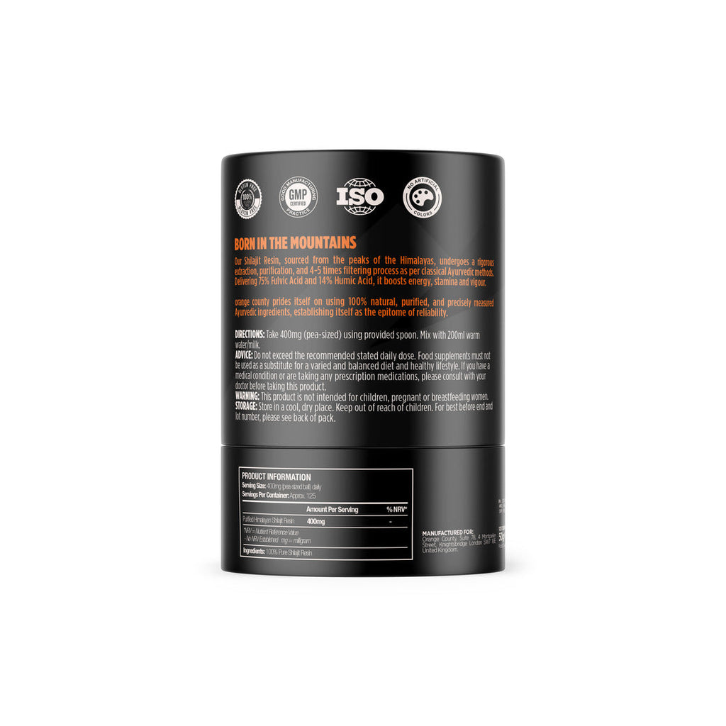 Black supplement container with white text on a white background