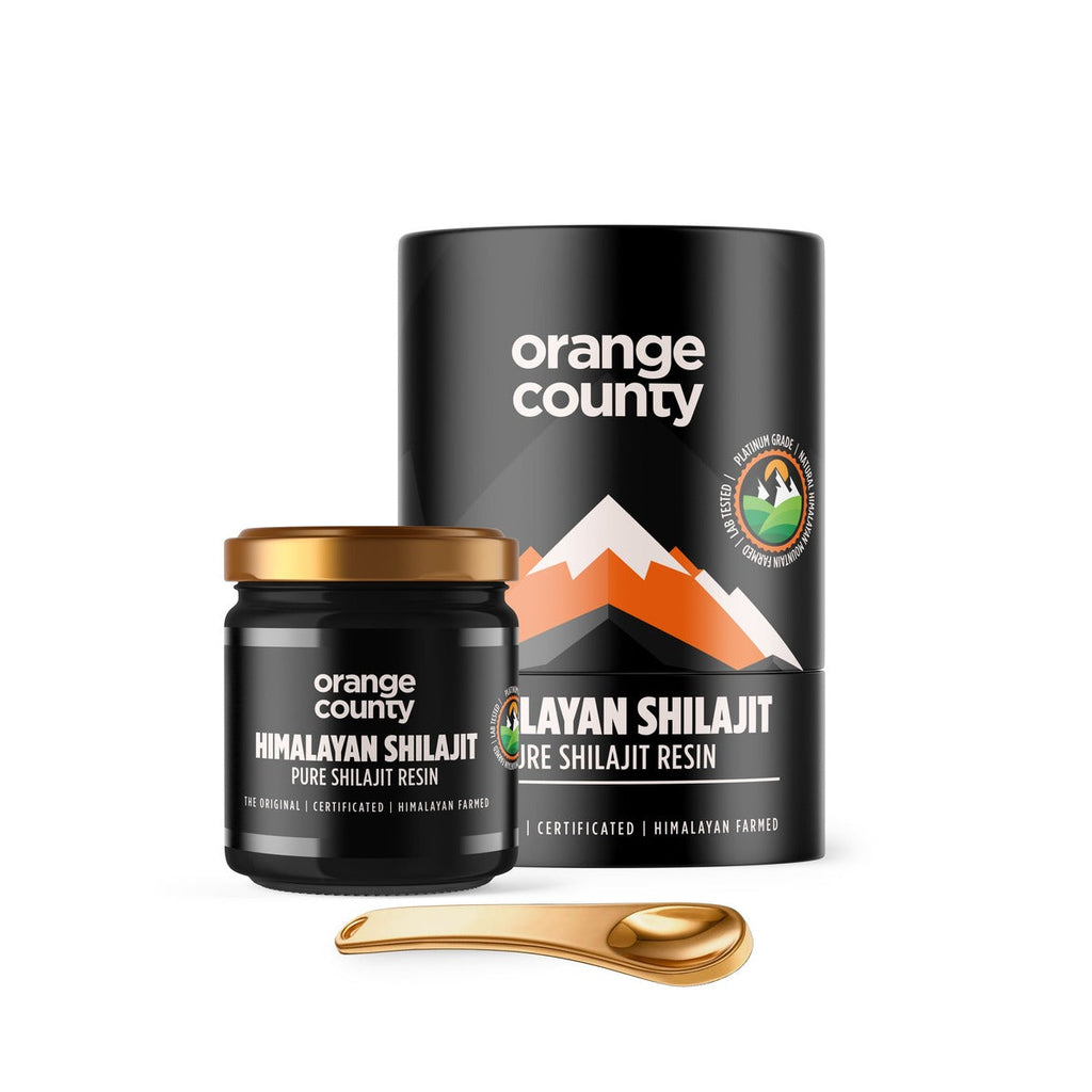 Orange County Himalayan Shilajit resin packaging with a jar and spoon on a white background