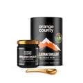 Orange County Himalayan Shilajit resin packaging with a jar and spoon on a white background