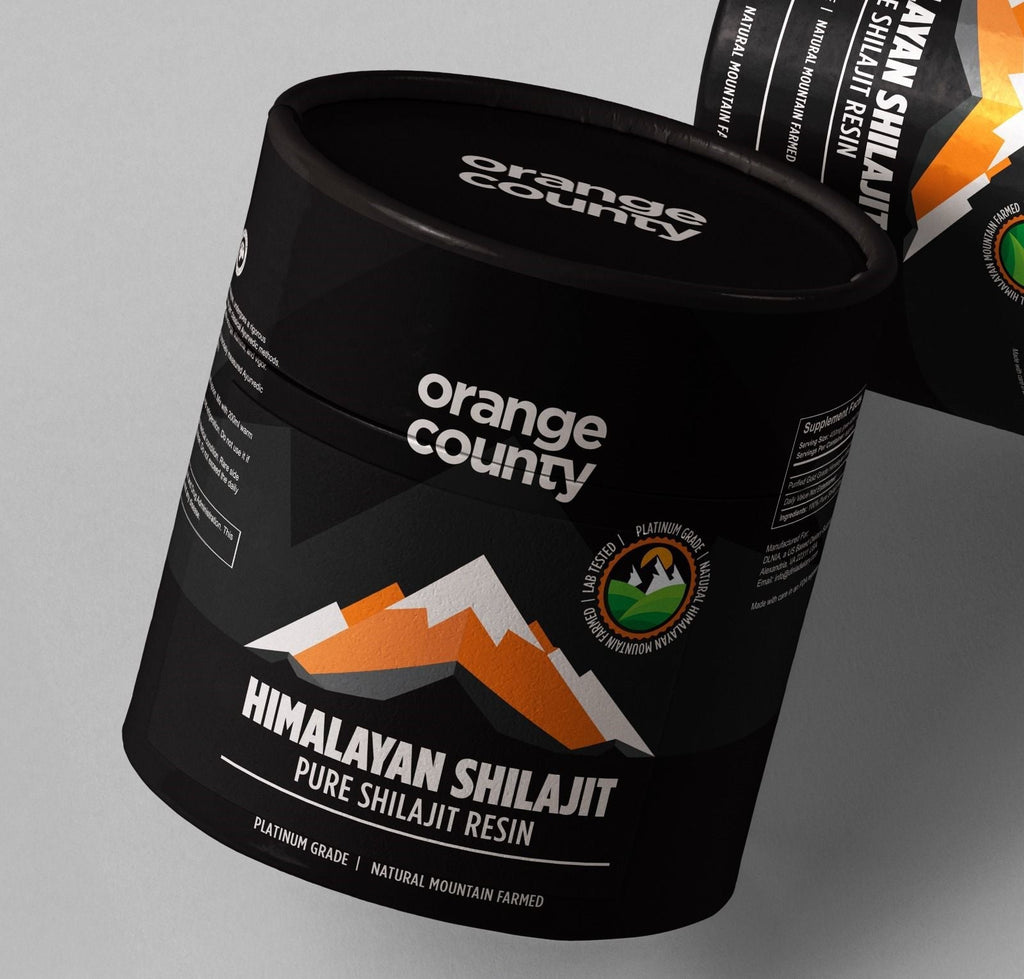 Black container of Himalayan Shilajit with 'Orange County' branding on a gray background