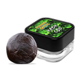 Black hash product in a clear container with a branded lid on a white background