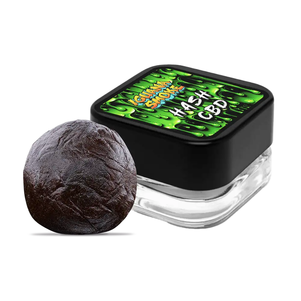 Black hash product in a clear container with a branded lid on a white background