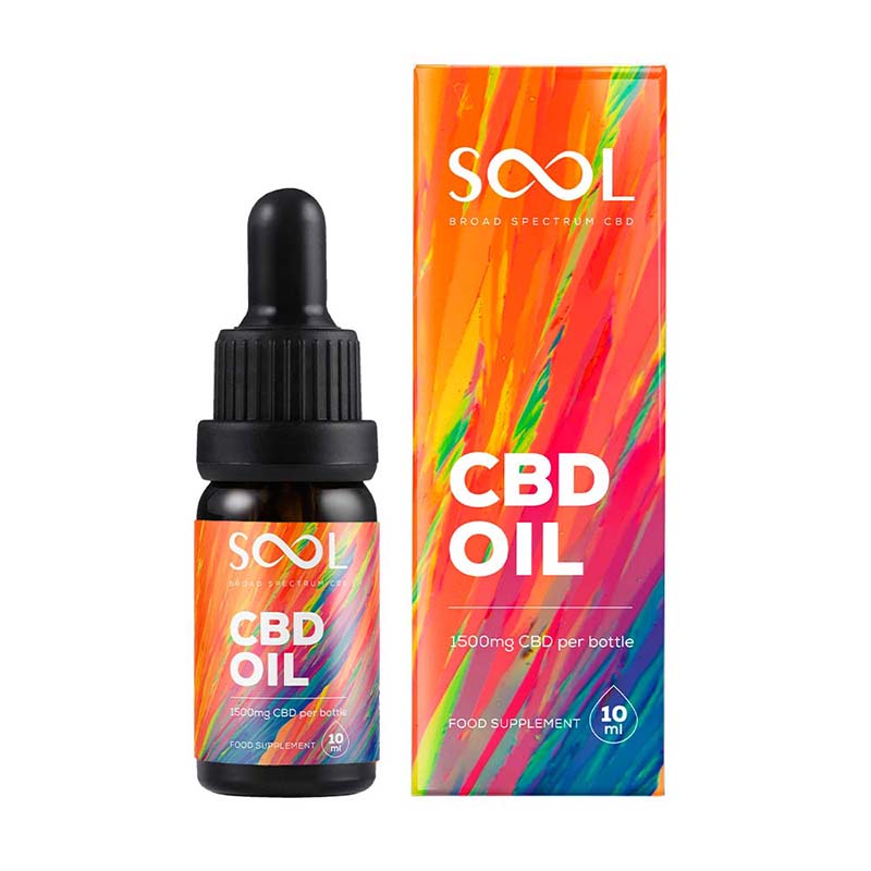 CBD oil bottle and packaging with colorful design on a white background