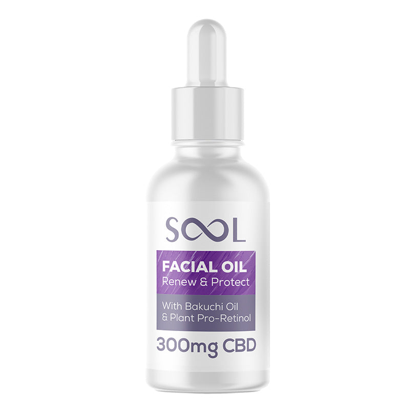 A clear glass dropper bottle of SOOL Facial Oil with a white cap and a purple label, containing 300mg CBD, on a solid white background.