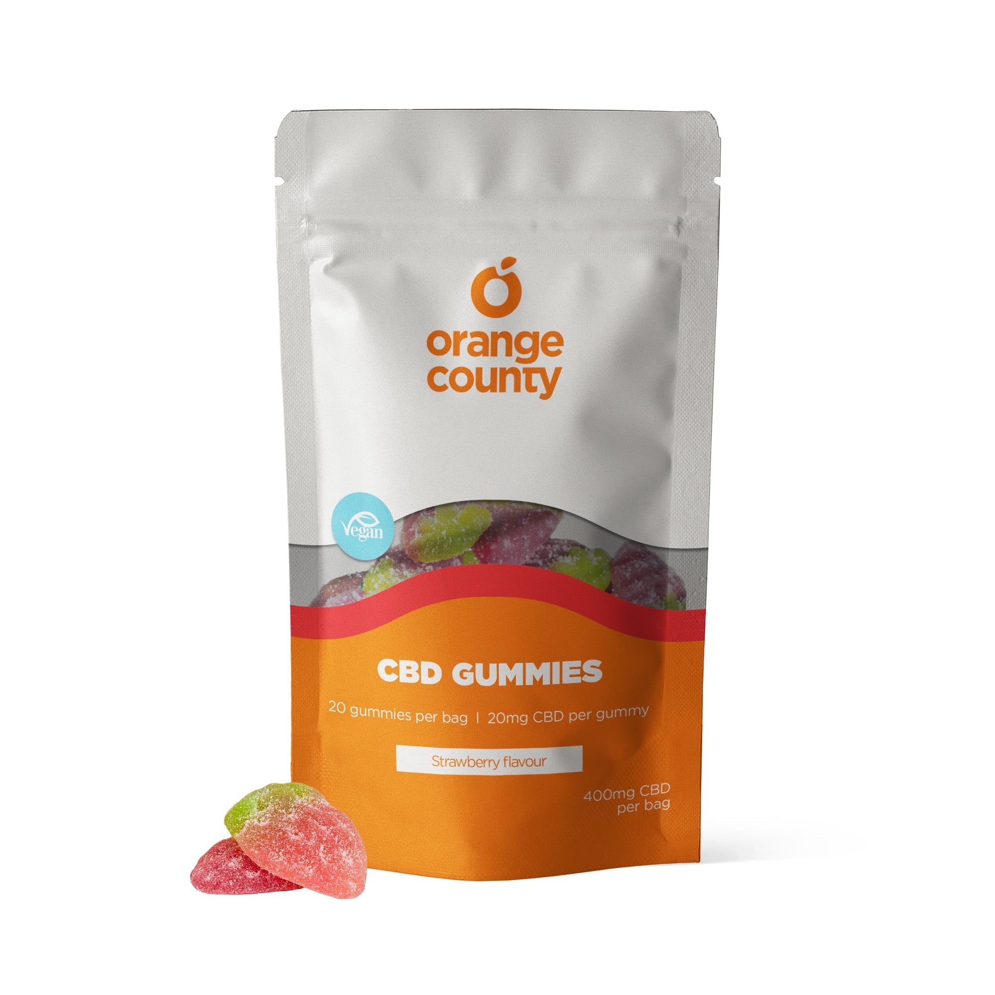 Orange County CBD Gummies packaging with gummies on a white background