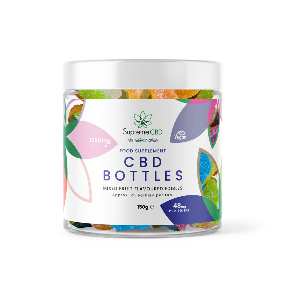 Supreme CBD food supplement container with colorful label on a white background