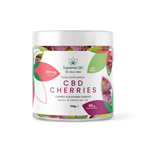 Jar of CBD Cherries edibles with Supreme CBD label on a white background