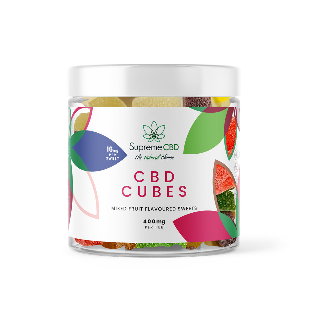 Jar of Supreme CBD CBD Cubes on a white background