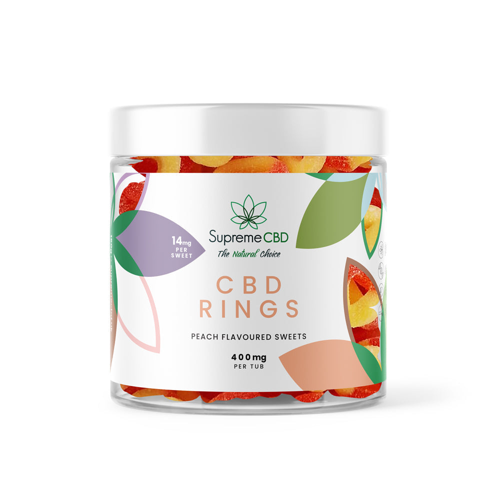 Jar of Supreme CBD Peach Flavoured Sweets on a white background