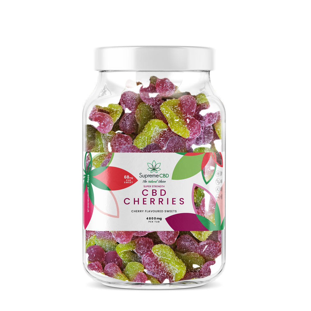 Jar of CBD gummy cherries with a visible label on a white background