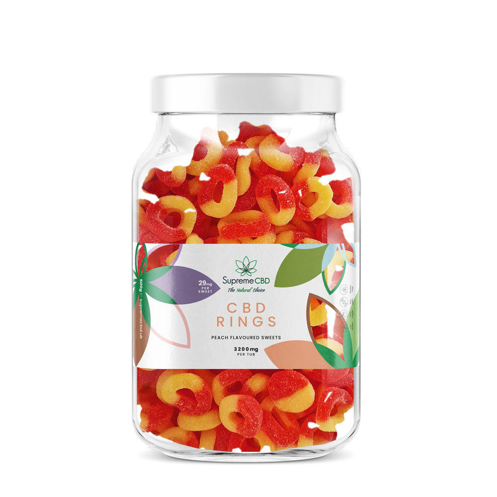 Jar of colorful CBD gummy rings with a visible brand label on a white background