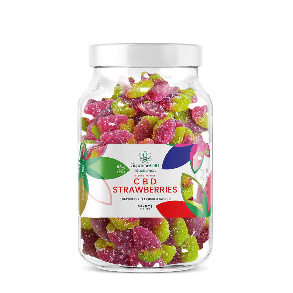 Jar of CBD strawberry gummies with a visible label on a white background