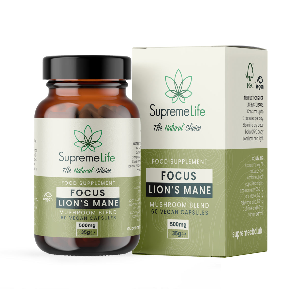 Supreme Life Focus Lion's Mane supplement bottle and packaging on a white background