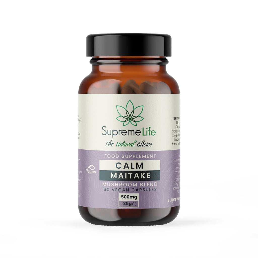 Supreme Life Calm Maitake supplement bottle on a white background