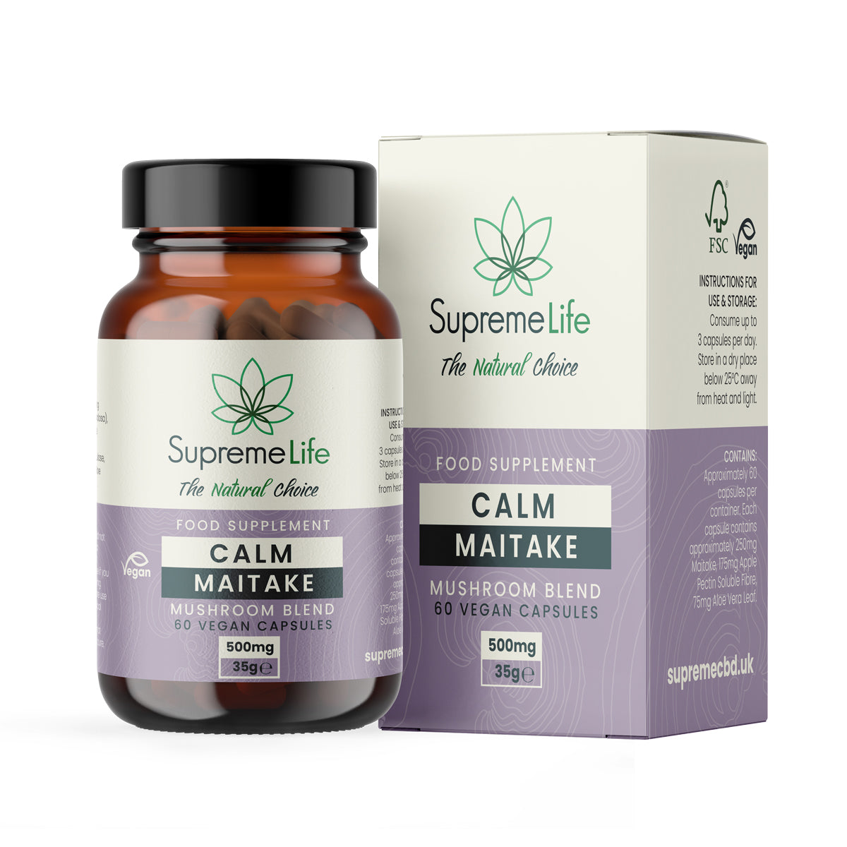 Supreme Life Calm Maitake supplement bottle and packaging on a white background