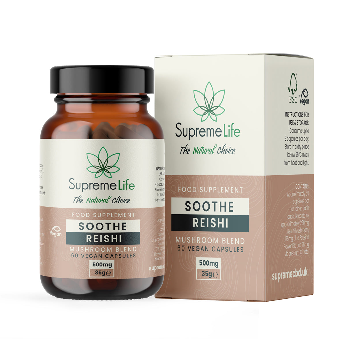Supreme Life Soothe Reishi supplement bottle and packaging on a white background
