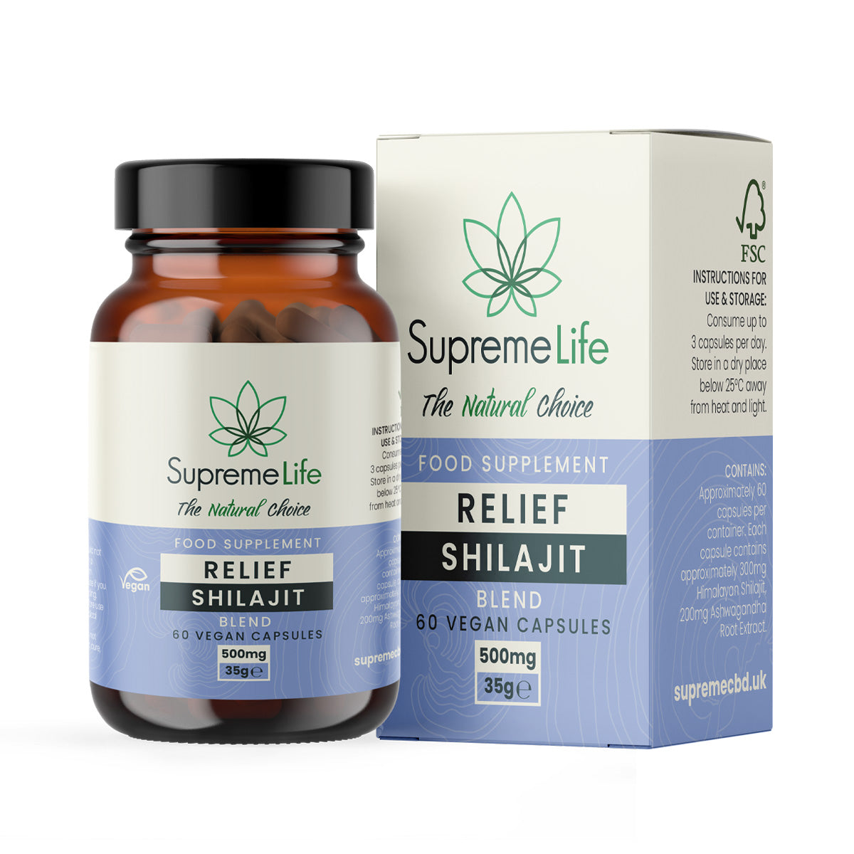 SupremeLife Shilajit supplement bottle and packaging on a white background